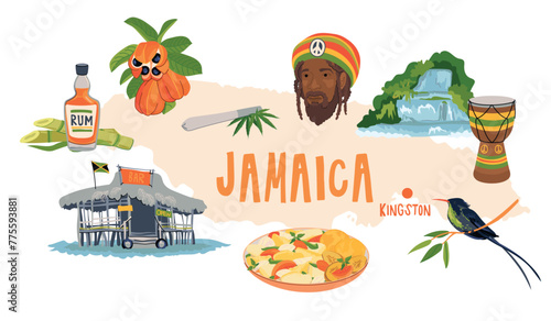 Map of Jamaica with attractions. Traditional food, hummingbird, chocolate bar, national fruit ackee, Rastafarianism, waterfall, rum. Vector illustration for design of travel brochures, tourist maps.