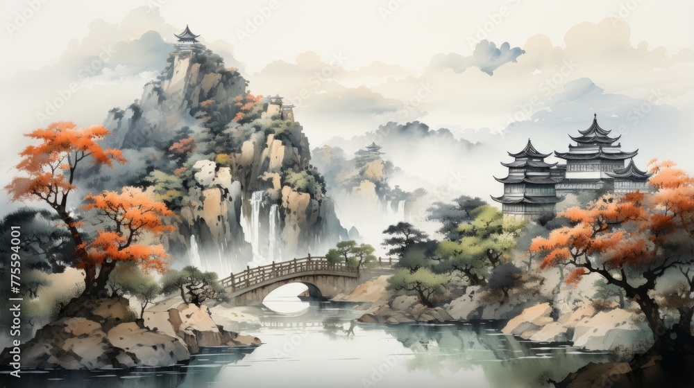 Misty Mountain Landscape with Bridge and Pavilion - obrazy, fototapety, plakaty 