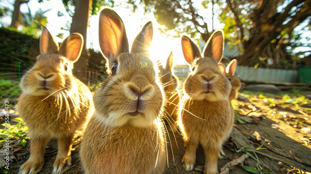 A cluster of rabbits sitting closely next to each other in a grassy area