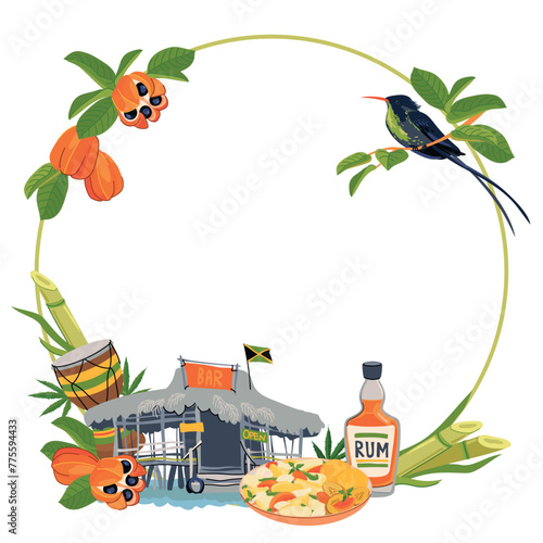 Round frame with landmarks of Jamaica. Traditional food, hummingbird, beach bar, national fruit ackee, Rastafarianism, waterfall, rum. Vector for the design of travel brochures, tourist maps.