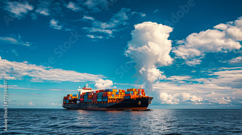 A large cargo ship loaded with containers sailing through the vast ocean