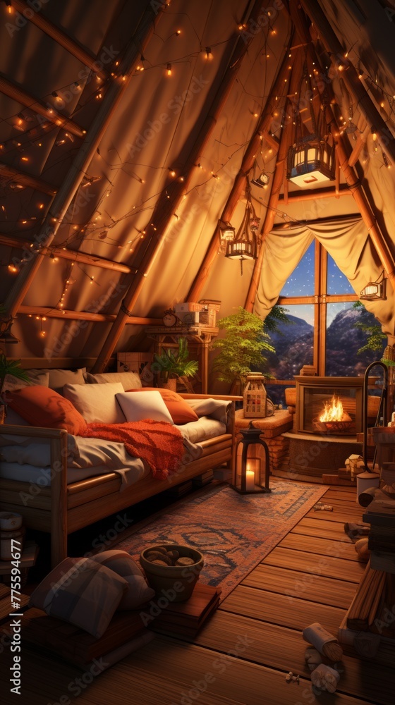 Cozy bedroom interior with fireplace and fairy lights