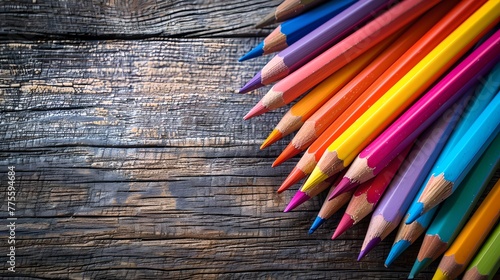 Vibrant Colored Pencils Lined Up on Rustic Wooden Background. Creative, Educational, and Artistic Concept with Copy Space. Ideal for Design and Artwork Projects. AI photo