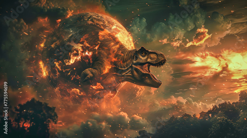 A large dinosaur is positioned in the center of a ring of intense flames, creating a striking and dangerous scene © Anoo