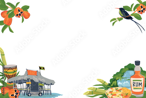 Horizontal frame with landmarks of Jamaica. Traditional food, hummingbird, beach bar, national fruit ackee, Rastafarianism, waterfall, rum. Vector for the design of travel brochures, tourist maps.