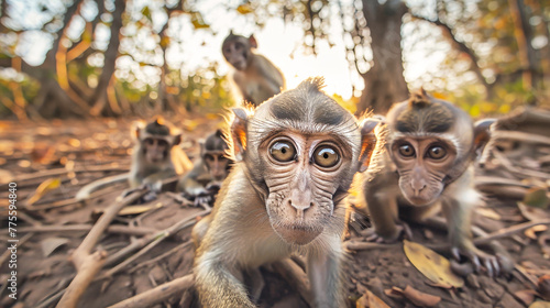 Group of monkeys perched on sandy beach, observing their surroundings