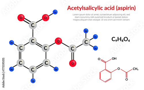 Aspirin, acetylsalicylic acid (ASA), molecular structure formula (C9H8O4), ball-and-stick model, suitable for education or chemistry science content. Vector illustration