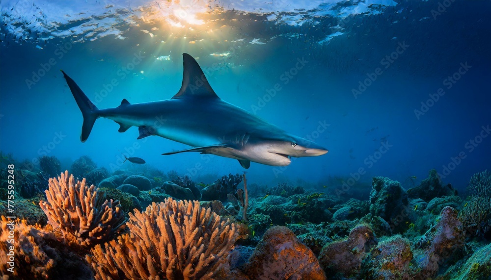 A hammerhead shark swimming over a coral reef in the blue sea - obrazy, fototapety, plakaty 