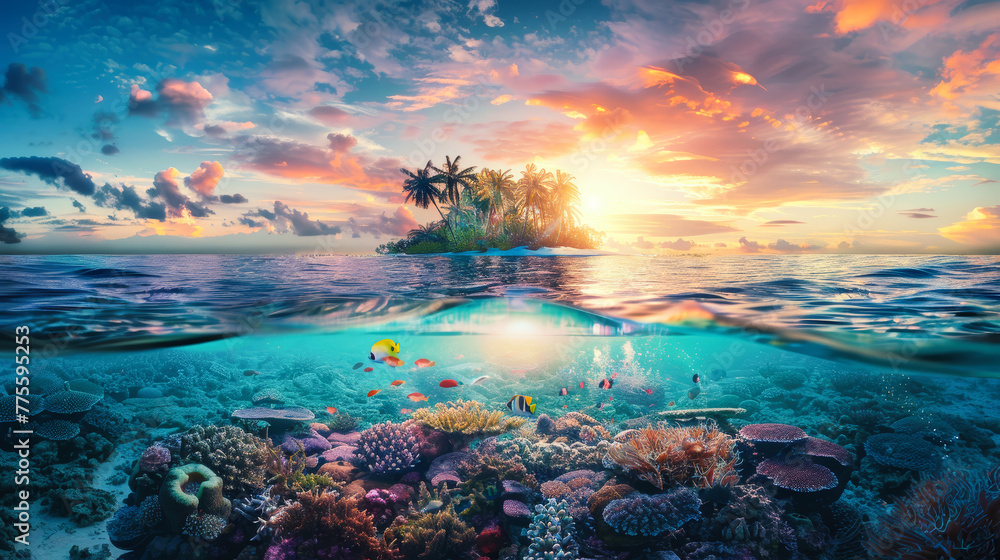 A vibrant painting of a tropical ocean scene showcasing colorful corals and various fish swimming in crystal clear water - obrazy, fototapety, plakaty 