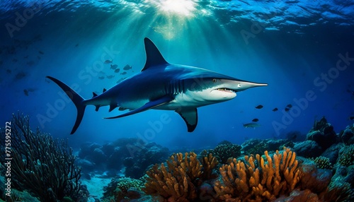A hammerhead shark swimming over a coral reef in the blue sea © Hyder