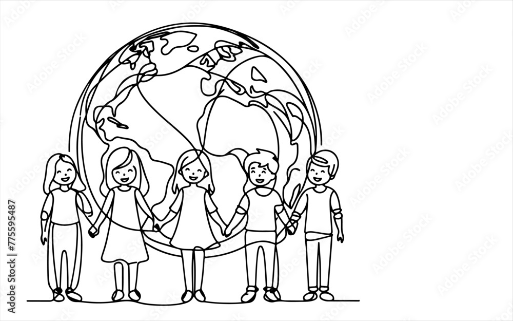 Continuous one line drawing smiling children holding hands around the world outline doodle linear happy children day concept vector on white Continuous one line drawing smiling children holding hands around the world outline doodle linear happy children day concept vector on white