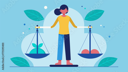 A person standing on a scale with one side representing their inherited personality traits and the other side representing their own personal