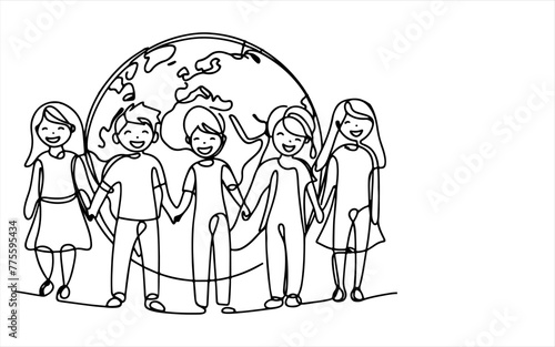 Continuous one line drawing smiling children holding hands around the world outline doodle linear happy children day concept vector on white