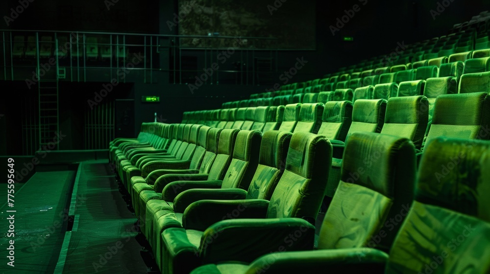 Fototapeta premium Green soft chairs in the stands of an empty cinema