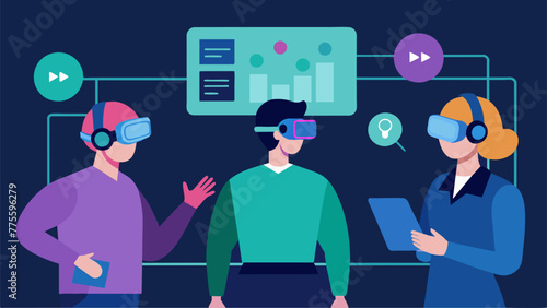 View of multiple employees wearing AR headsets and standing in front of a large interactive screen with virtual tools and diagrams projected in