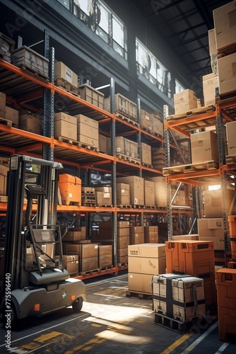 A forklift in a warehouse full of shelves © Adobe Contributor