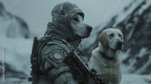 The intersection of technology and ice age environments is explored through the lens of a labrador and a soldier armed with futuristic weaponry photo