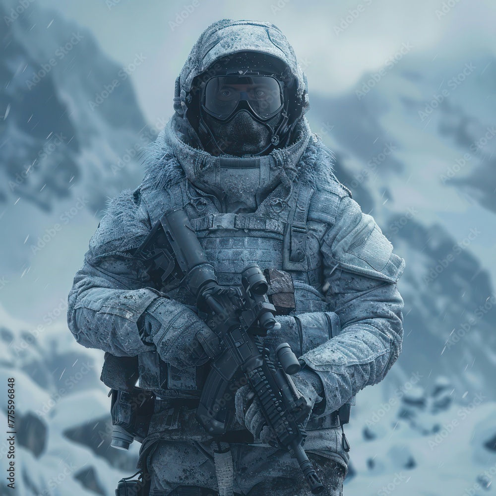 A soldier stands stoically amidst a bleak ice age setting wielding advanced digital weaponry A soldier stands stoically amidst a bleak ice age setting wielding advanced digital weaponry