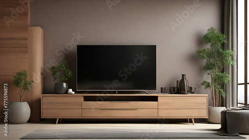 Modern Smart Tv Mockup with blank black screen standing on console, modern living room with acoustic guitar. 3d rendering generative by ai,,