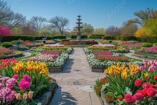 A beautiful garden with a fountain in the middle © Adobe Contributor
