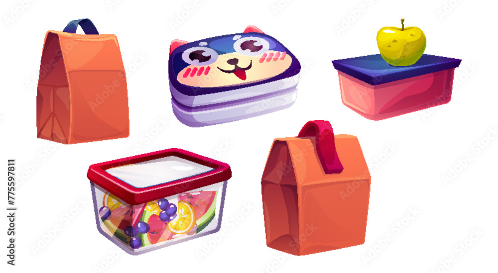 School lunchbox with kid food and bag for snack. Healthy lunch meal for children in plastic container with fruit. Isolated breakfast pack to eat. Picnic bento clipart set. Fresh salad package element - obrazy, fototapety, plakaty 