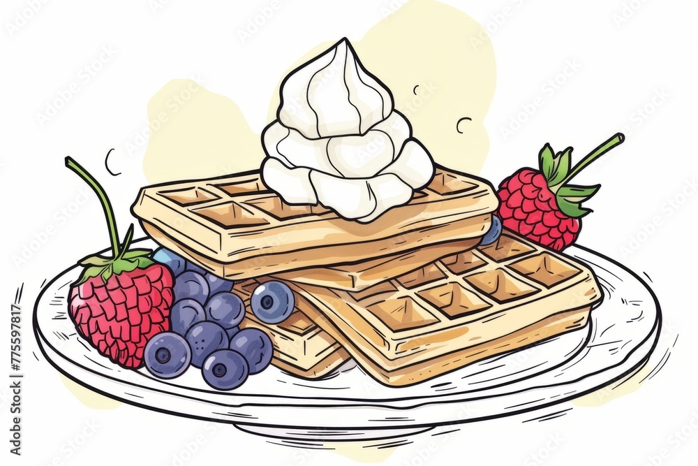 Cartoon cute doodles of a satisfied plate of warm waffles with berries and whipped cream, Generative AI Cartoon cute doodles of a satisfied plate of warm waffles with berries and whipped cream, Generative AI