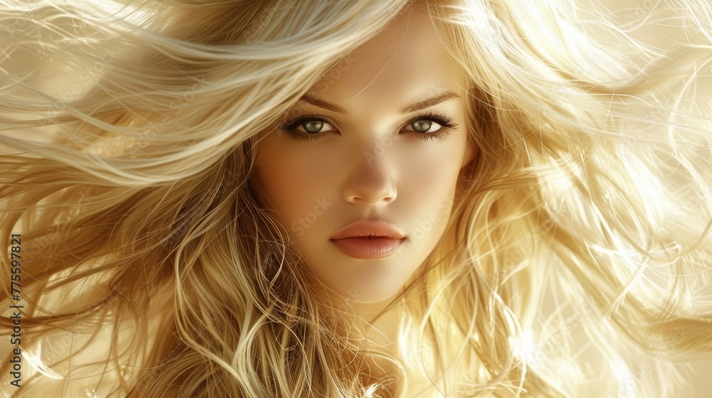 Obraz premium Graceful Blonde Beauty in an Elegant Wind-Swept Pose Generative AI