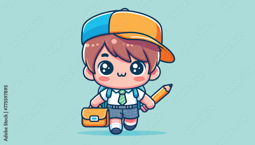 Cute Kids Go to School with Bag and Pencil Vector