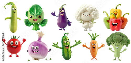 set of Cute funny vegetables cartoons, isolated, png, generated ai