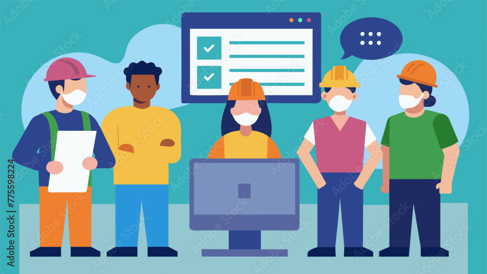A group of workers gathered around a computer completing an online quiz to ess their understanding of safety and compliance protocols in the A group of workers gathered around a computer completing an online quiz to ess their understanding of safety and compliance protocols in the