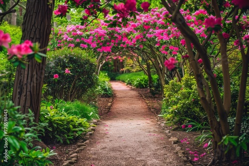 Pathway Through Lush Green Forest With Pink Flowers