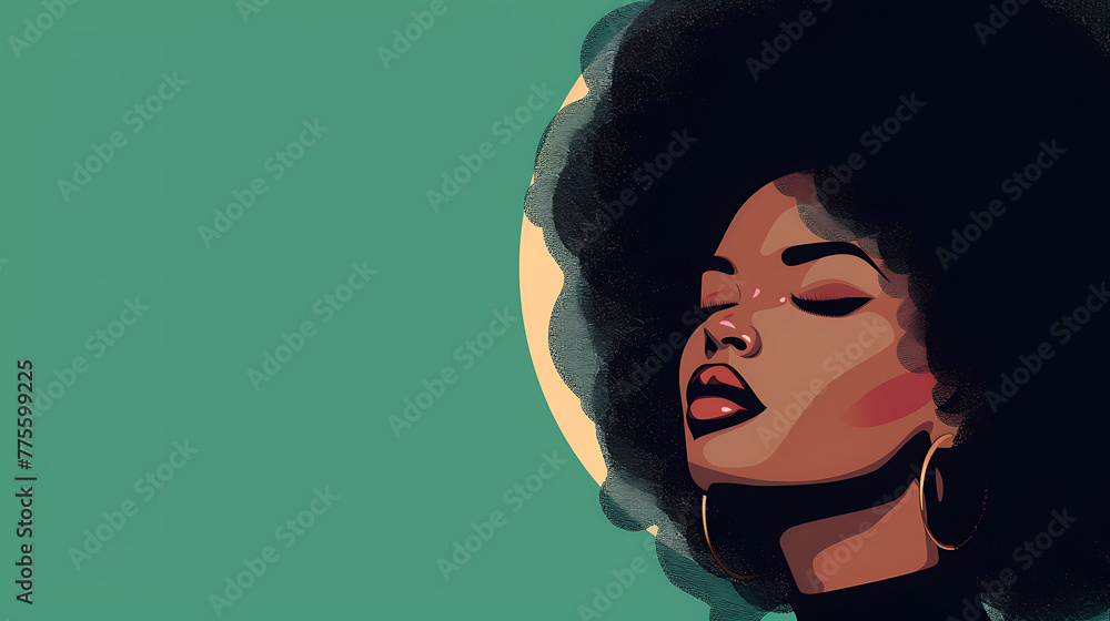 Green background with Young black African American woman illustration for fashion banner with copy space. generative ai Green background with Young black African American woman illustration for fashion banner with copy space. generative ai