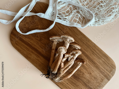 Mushrooms of honey mushrooms lie on a wooden oak board on a beige background next to a white braided string bag. Mushroom picking. Copy space. Top view