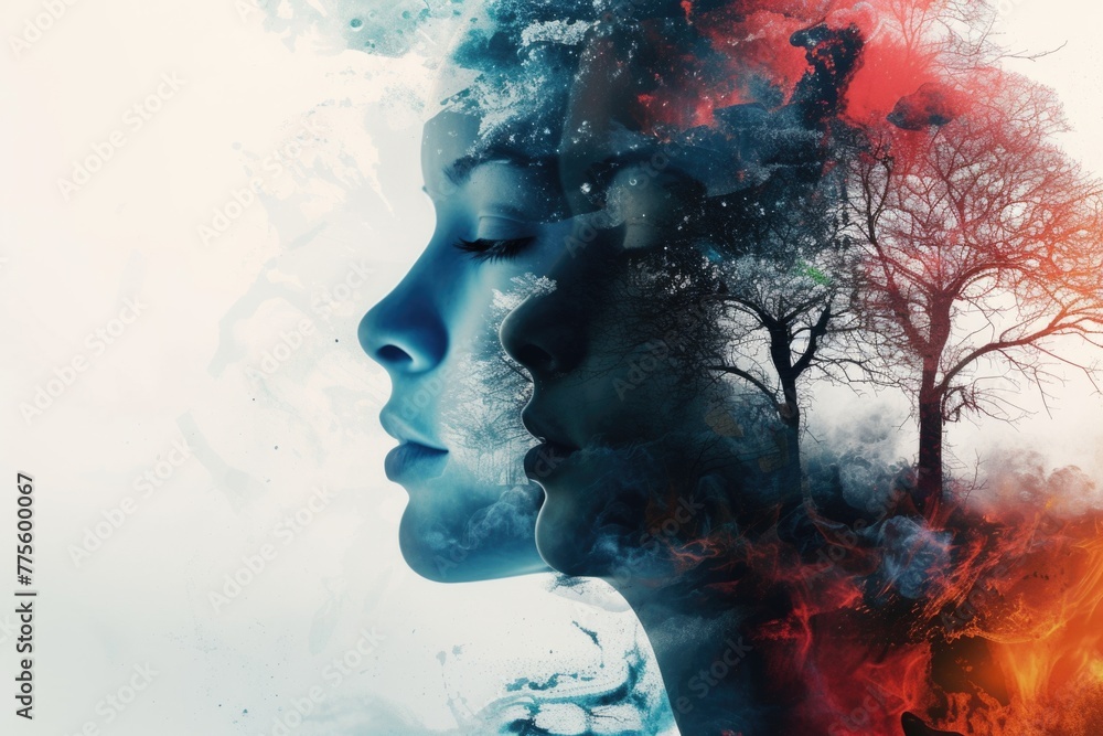 Profile of a woman with double exposure of autumn trees and sky. Profile of a woman with double exposure of autumn trees and sky.
