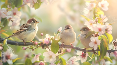 Three peaceful sparrows perched on a blossoming branch in spring. Nature's melody in a serene setting. Ideal for tranquil backgrounds and wildlife themes. AI © Irina Ukrainets