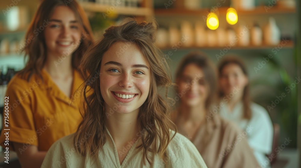 Group of young women smiling at cafe.