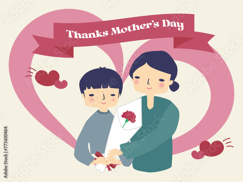 Thanks Mother’s Day、お母さんに赤いカーネーションの花束をあげる子供