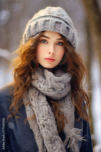 beautiful woman in a cozy knitted hat and scarf
