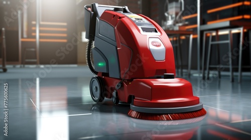 Professional floor cleaning machine in operation at a modern facility.