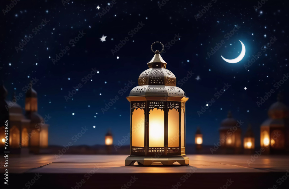 Arabian lantern against the background of the starry sky and the city. Illustration. Generative AI Arabian lantern against the background of the starry sky and the city. Illustration. Generative AI