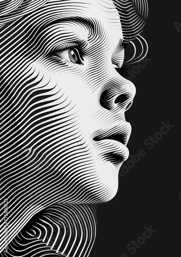 Stencil-Style Portrait of a Young Woman in Monochrome Generative AI