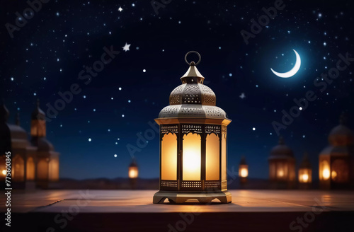 Arabian lantern against the background of the starry sky and the city. Illustration. Generative AI