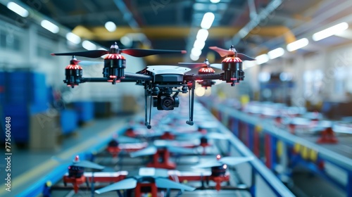 Drone with red lights floating in a factory. An advanced drone equipped with a camera hovers inside a busy industrial factory with numerous drones in production