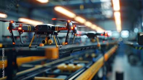 Multiple drones lined up on a production conveyor belt. A sleek assembly line showcases multiple drones with red positioning lights, signifying a cutting-edge manufacturing process