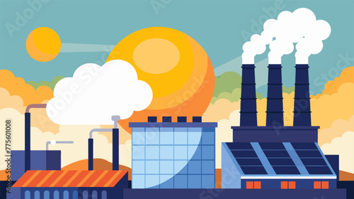 In the foreground a factorys smokestacks belch out plumes of white steam while in the background a large array of solar panels capture the suns