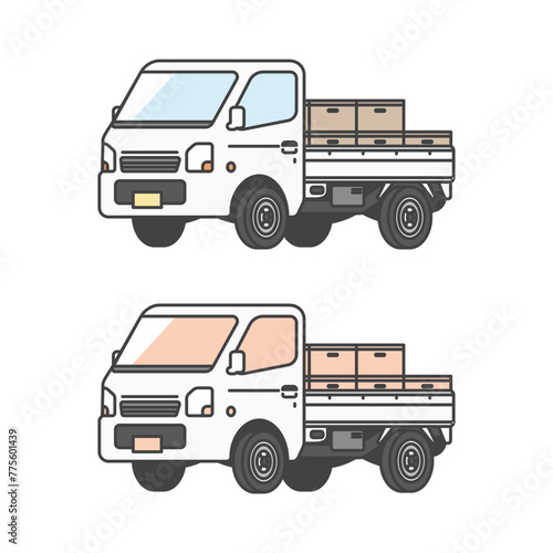 物流シリーズ：農業・漁業等で箱入りの商品を配達する日本の軽トラ、軽トラックのイラスト(カラー&単色モノカラーのセット)