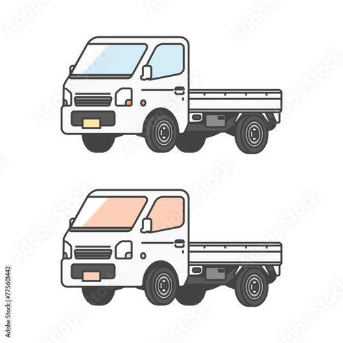 物流シリーズ：働く車・日本の軽トラ、軽トラックのイラスト(カラー&単色モノカラーのセット)
