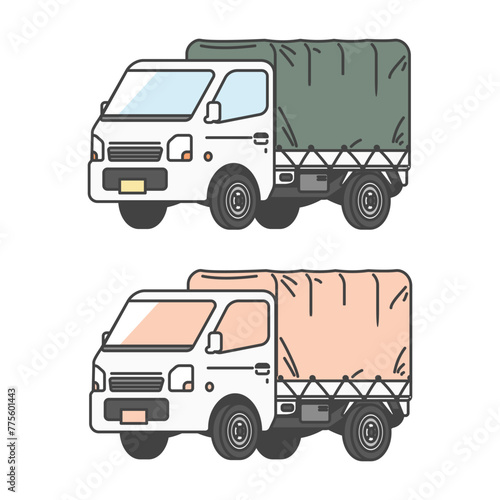 物流シリーズ：幌を付けた荷物を運ぶ日本の軽トラ・軽トラックのイラスト(カラー&単色モノカラーのセット)