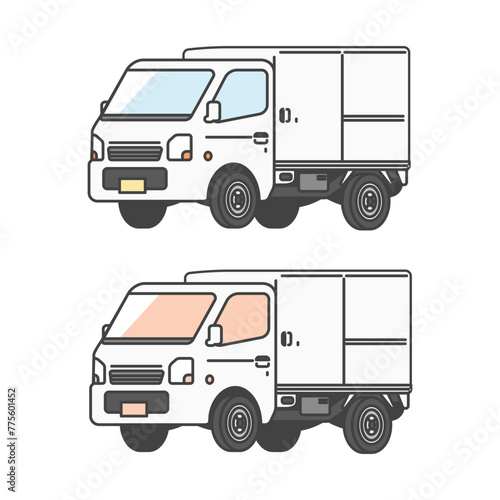 物流シリーズ：冷蔵・冷凍庫つきの荷物を運ぶ日本の軽トラ、軽トラックのイラスト(カラー&単色モノカラーのセット)