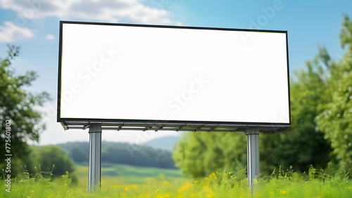 Blank horizontal billboard for outdoors advertising on blurred spring summer garden background